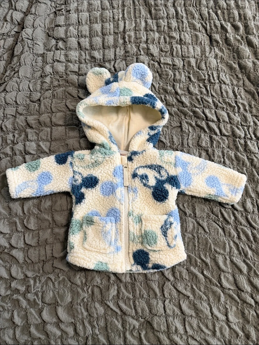 Disney Cream Teddy Jacket with Blue and Light Green Mickey Print